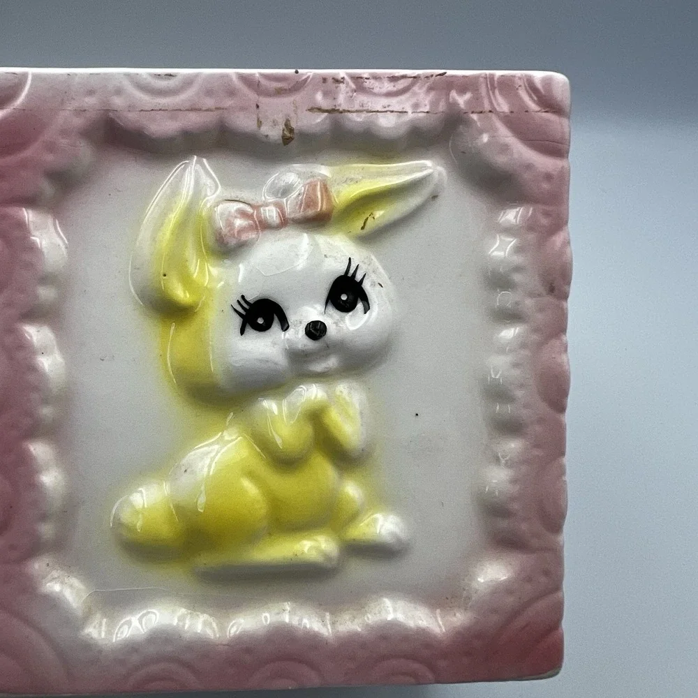 Vintage MCM Pastel Pink Baby Block Nursery Bear Bunny Lamb Planter Ceramic Japan